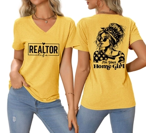 Vorder- und Rückansicht des gelben V-Ausschnitt T-Shirts mit Realtor-Druck und Illustration