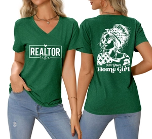 Vorder- und Rückansicht des dunkelgrünen V-Ausschnitt T-Shirts mit Grafik-Print