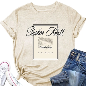 Detail of Parker Knoll 1993 vintage wine label print on a beige crewneck cotton t-shirt