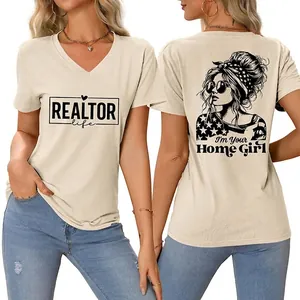 Damen V-Ausschnitt Kurzarm Realtor Life Home Girl Grafikdruck Baumwollmischung Lockeres Casual T-Shirt Sommer Pendler Tops