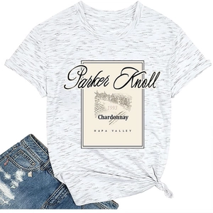 Flat lay of heather white t-shirt with knotted hem and vintage wine label print