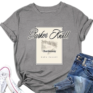Detail of vintage Parker Knoll 1993 wine label print on dark grey cotton t-shirt