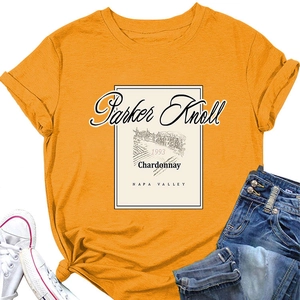 Detail view of ginger crew neck t-shirt with vintage 1993 Parker Knoll print design