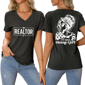 Damen V-Ausschnitt T-Shirt in Dunkelgrau mit Realtor Life und Home Girl Grafikdruck