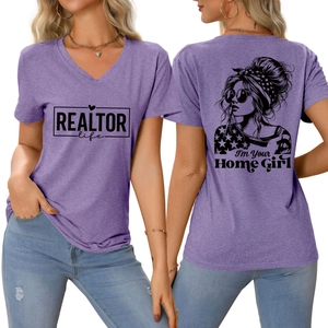 Damen V-Ausschnitt Realtor Life T-Shirt in Lila mit I'm Your Home Girl Rückenprint