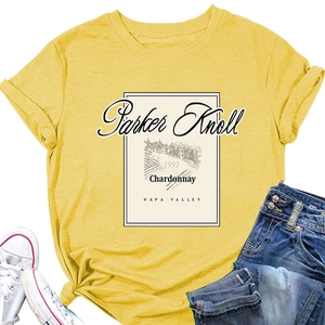 Detail of Parker Knoll 1993 vintage wine label print on yellow cotton t-shirt