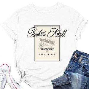 Flat lay of white cotton T-shirt featuring vintage Parker Knoll 1993 wine label print