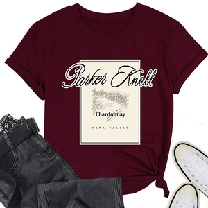 Flat lay of burgundy cotton T-shirt featuring Parker Knoll and Napa Valley graphic print