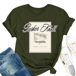 Flat lay of dark green crew neck T-shirt with Parker Knoll vineyard print and blue jeans