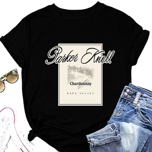 Flat lay of black cotton t-shirt with vintage Parker Knoll 1993 wine label print design