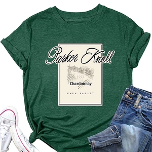 Macro shot of Parker Knoll 1993 wine print on dark green crewneck cotton t-shirt