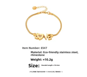 Detail of 18K gold-plated stainless steel LOVE bracelet with sparkling heart rhinestone