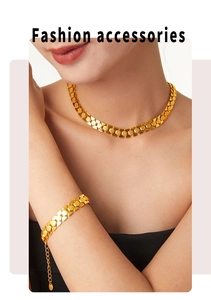 Detailed view of 18k gold plated geometric chunky necklace and bracelet set on a model