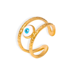 Gold evil eye open ring with double-layered hammered texture band and blue eye charm