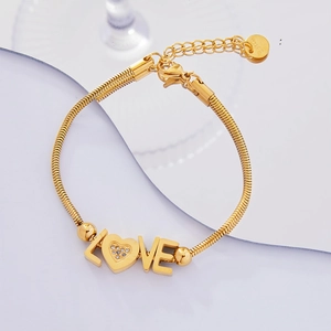 Stainless Steel Heart LOVE Letter Bracelet For Women 18K Gold Plated Snake Chain Elegant Rhinestone Jewelry Gift