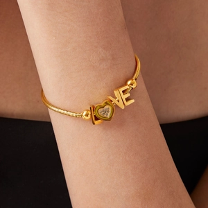 18K gold plated stainless steel snake chain bracelet with LOVE and crystal heart charm