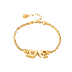 Gold LOVE bracelet in stainless steel with heart pendant and sparkling crystals