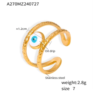 Detailed view of 18K gold plated stainless steel evil eye ring with blue enamel inlay