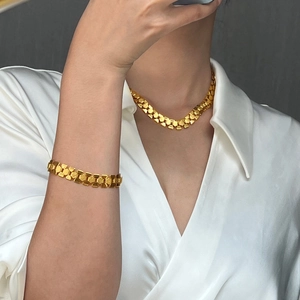 18k gold plated stainless steel geometric honeycomb link necklace and bracelet jewelry set