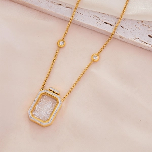 Gold stainless steel necklace with square crystal pendant and sparkling rhinestones