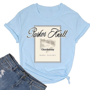 Detail of Parker Knoll 1993 vintage wine label print on light blue cotton T-shirt