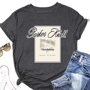 Flat lay of dark gray cotton T-shirt featuring vintage 1993 Parker Knoll wine label print