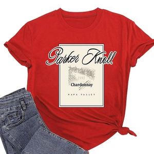 Detail view of the vintage wine print on red Parker Knoll 1993 cotton T-shirt