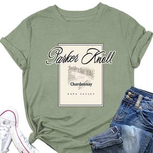 Flat lay of green cotton t-shirt with vintage wine print and knot detail at the hem