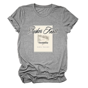 Close-up of vintage Parker Knoll 1993 Chardonnay print on gray cotton t-shirt