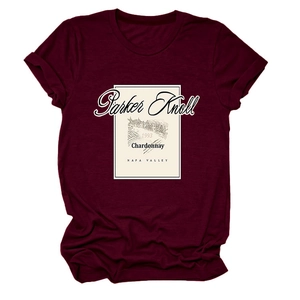 Detail of the vintage 1993 Chardonnay print on a wine red cotton crew neck T-shirt