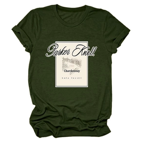 Detail of vintage Parker Knoll 1993 print on dark green cotton crewneck t-shirt
