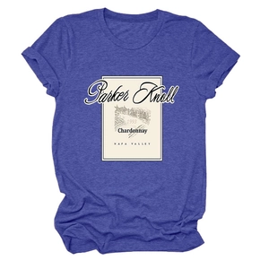 Detail of vintage label print on heather blue crew neck cotton blend t-shirt