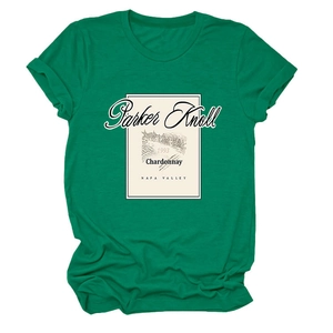 Detail of forest green cotton T-shirt featuring a vintage 1993 Parker Knoll wine label print