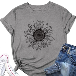 T-shirt gris à col rond avec motif de tournesol noir et nœud décoratif sur le côté