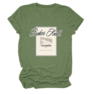Detail of Parker Knoll 1993 vintage print on a heather green cotton blend T-shirt