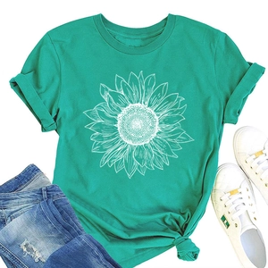 T-shirt turquoise à motif tournesol avec nœud à la taille et manches à revers chic