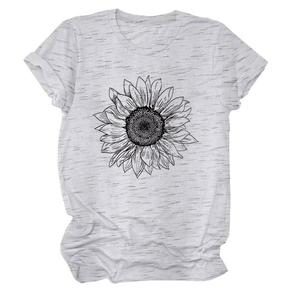 Vue détaillée du t-shirt gris chiné avec motif de tournesol minimaliste imprimé au centre