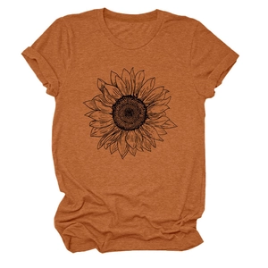 Détail de l'imprimé tournesol sur un t-shirt vintage orange à manches courtes en coton