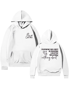 Detail view of white hoodie featuring Be KIND chest print and back inspirational text
