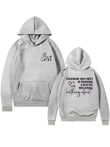 Detail view of light grey cotton hoodie with Be KIND logo and inspirational back quote