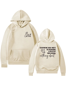 Front and back view of beige hoodie with 'Be KIND' and quote print on back