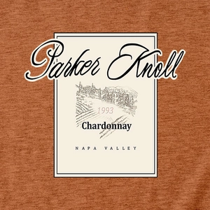 Orange-brown cotton t-shirt with retro Parker Knoll 1993 wine label print
