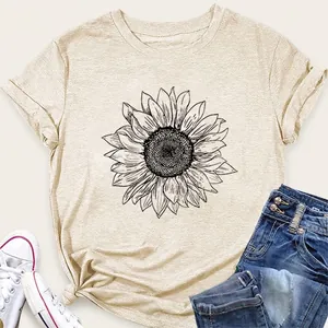 T-Shirt Décontracté à Imprimé Tournesol pour Femmes Coupe Large Col Rond Manches Courtes Mélange Coton