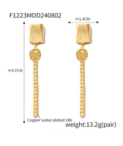 Detail of 18k gold plated long fringe earrings with portrait medal and chain