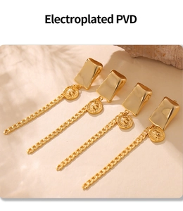 Detailed PVD electroplated gold geometric coin earrings with elegant long fringe chains
