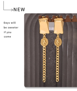 Detail of 18k gold plated earrings featuring coin charms and long chain tassels