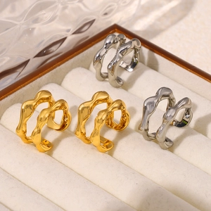 Minimalist geometric double-layered open rings in gold and silver irregular finishes