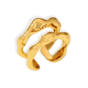 Irregular wavy gold open ring with minimalist geometric aesthetic and polished finish