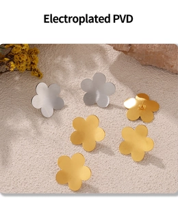 Close-up of five-petal flower stud earrings with PVD electroplated matte finish
