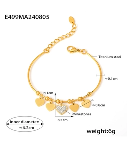 Detailed view of 18k gold plated titanium steel heart bracelet with size measurements